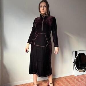 Rare Vintage 90s brown velvet midi hoodie dress